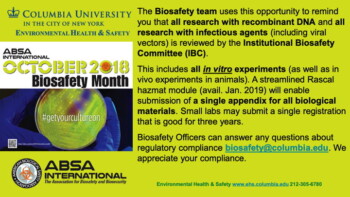 2022 Biosafety Month Outreach Award: Digital signage for building lobby screen, Christopher Aston, Columbia University